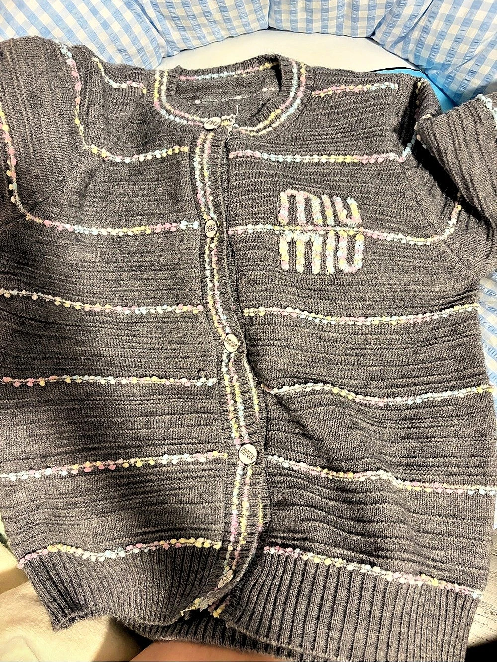 Miu Striped Cardigan in Gray & Pink New without tag - Picture 3 of 3
